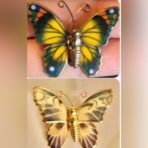 2 Vintage Enamel butterfly 1” pins yellow, red, green, slate, mauve goldtone
